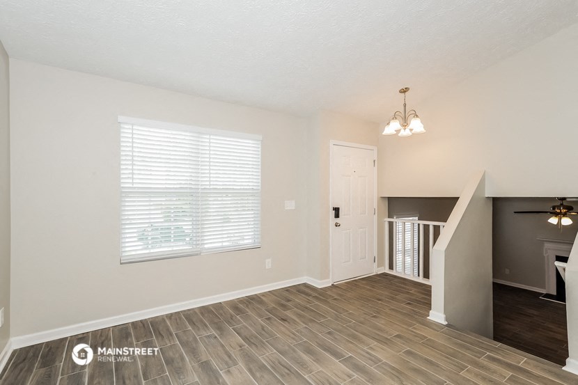 the spacious living room and dining room of an apartment