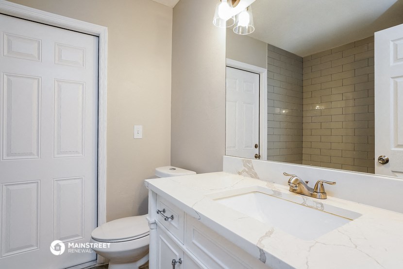 a bathroom with a sink and a toilet and a mirror