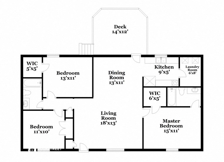 a floor plan of a house with three bedrooms and two bathrooms