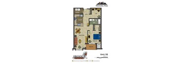 2d floorplan of a 1 bedroom, 1 bathroom unit