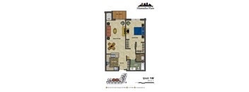 2d floorplan of a 1 bedroom, 1 bathroom unit
