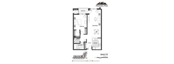 2d floorplan of a 1 bedroom, 1 bathroom unit