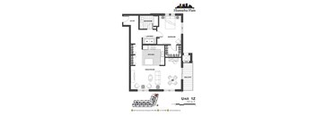 2d floorplan of a 1 bedroom, 1 bathroom unit