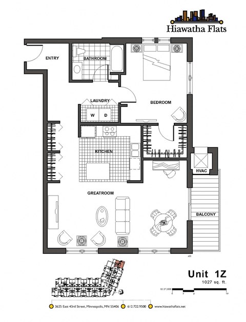 2d floorplan of a 1 bedroom, 1 bathroom unit