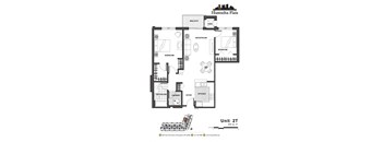 2d floorplan of a 2 bedroom, 1 bathroom unit