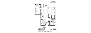 2d floorplan of a 2 bedroom, 1 bathroom unit