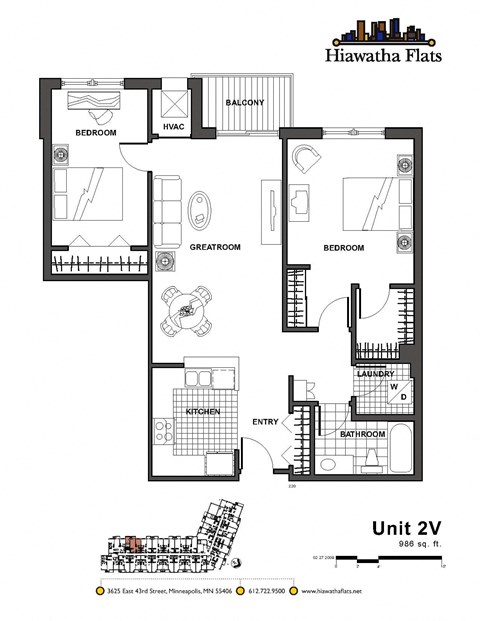 2d floorplan of a 2 bedroom, 1 bathroom unit