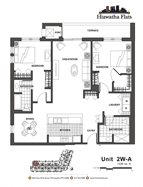 2d floorplan of a 2 bedroom, 2 bathroom unit