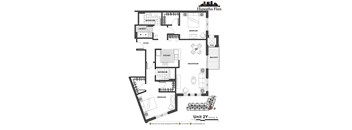 2d floorplan of a 2 bedroom, 2 bathroom unit
