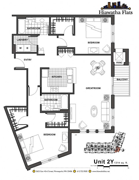 2d floorplan of a 2 bedroom, 2 bathroom unit
