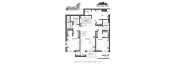 2d floorplan of a 2 bedroom, 2 bathroom unit
