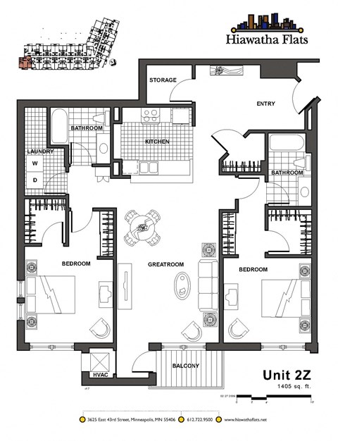 2d floorplan of a 2 bedroom, 2 bathroom unit