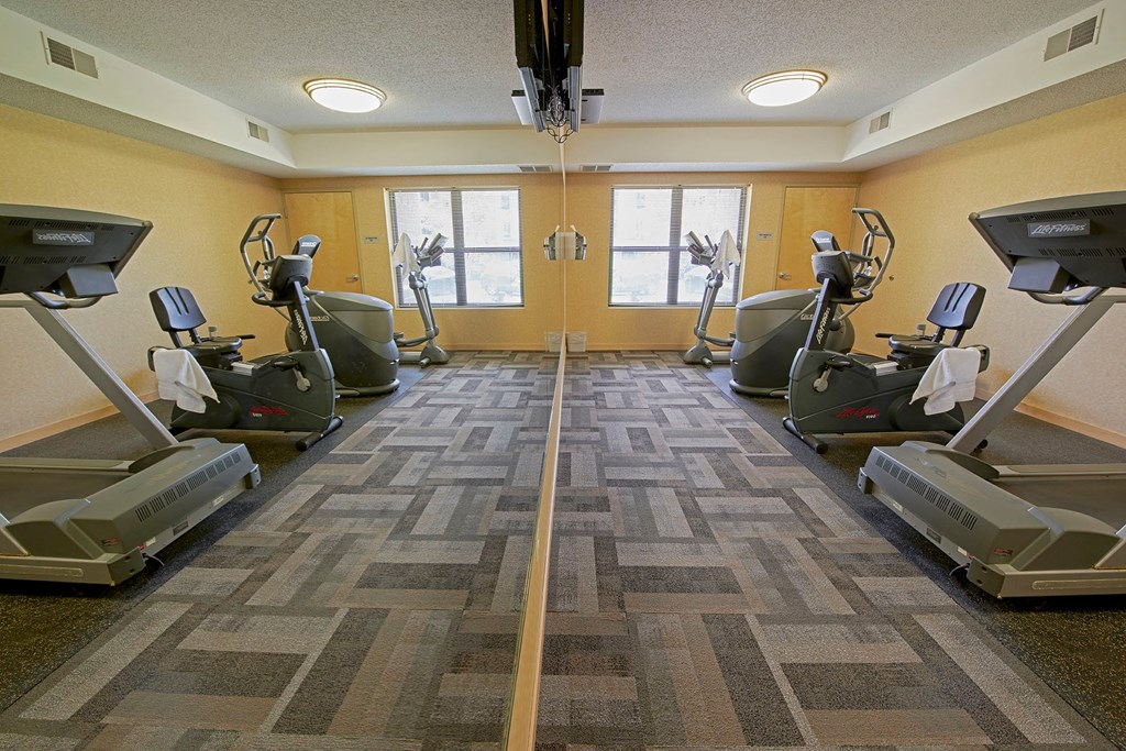 A gym with a treadmill and cardio machines.