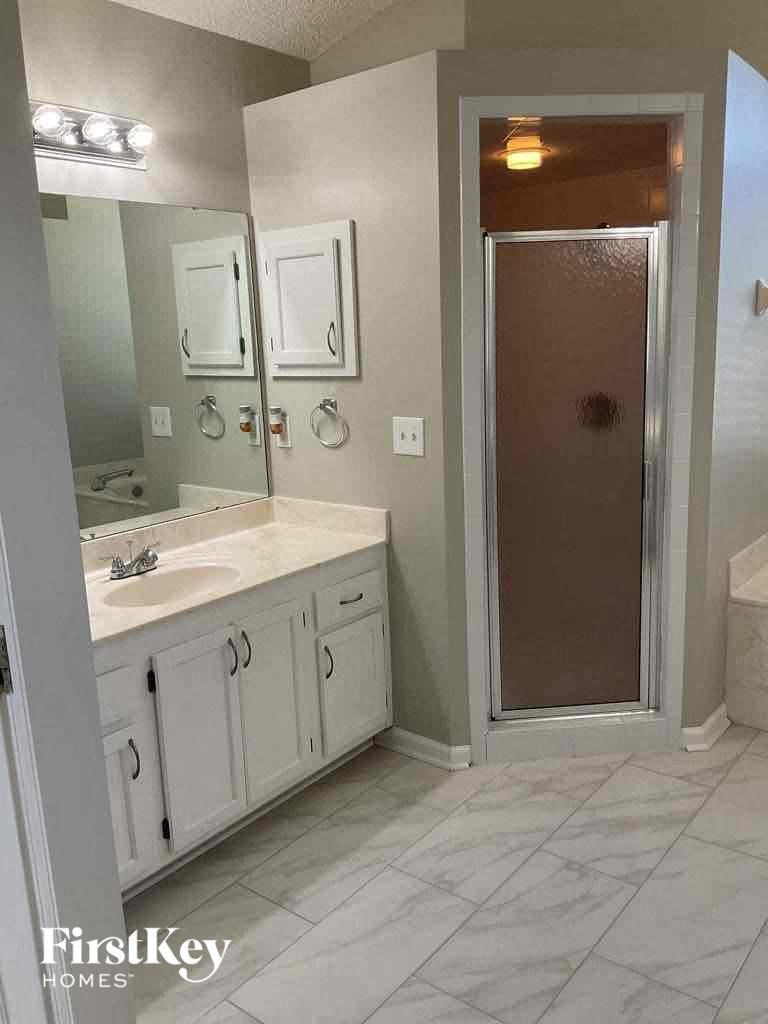 a bathroom with a sink and a shower