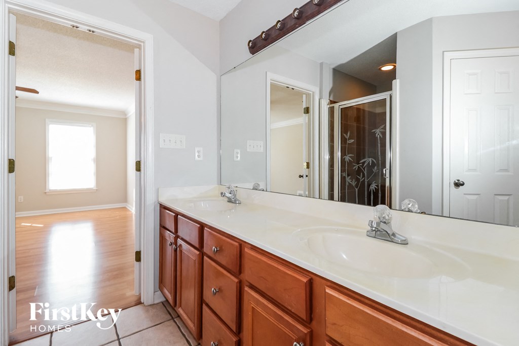 a bathroom with a sink and a large mirror