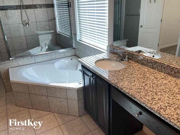 a bathroom with a tub and a sink and a mirror