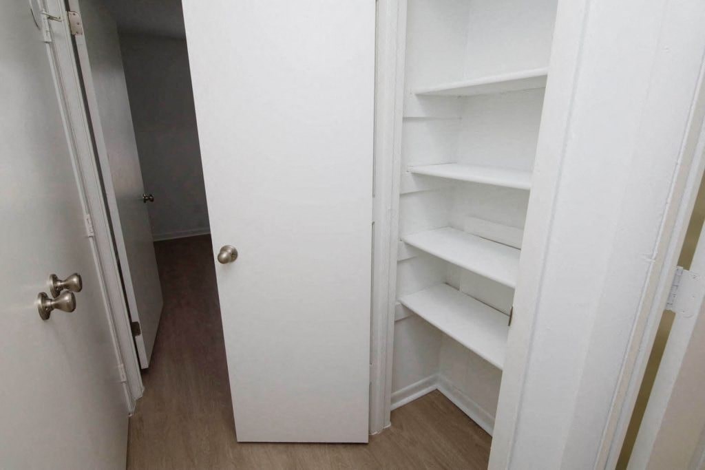 a white closet with shelves and a door open