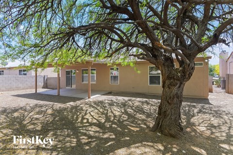A tree stands in front of a building with the words "FirstKey Homes" on the bottom left.