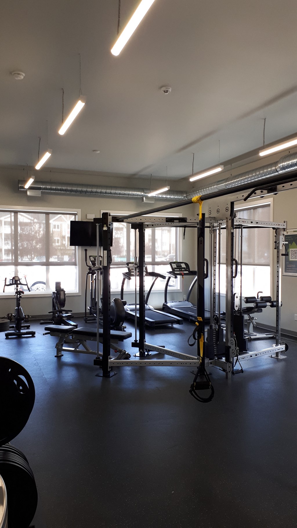 A gym with a variety of equipment including a treadmill, weights, and a bench press.