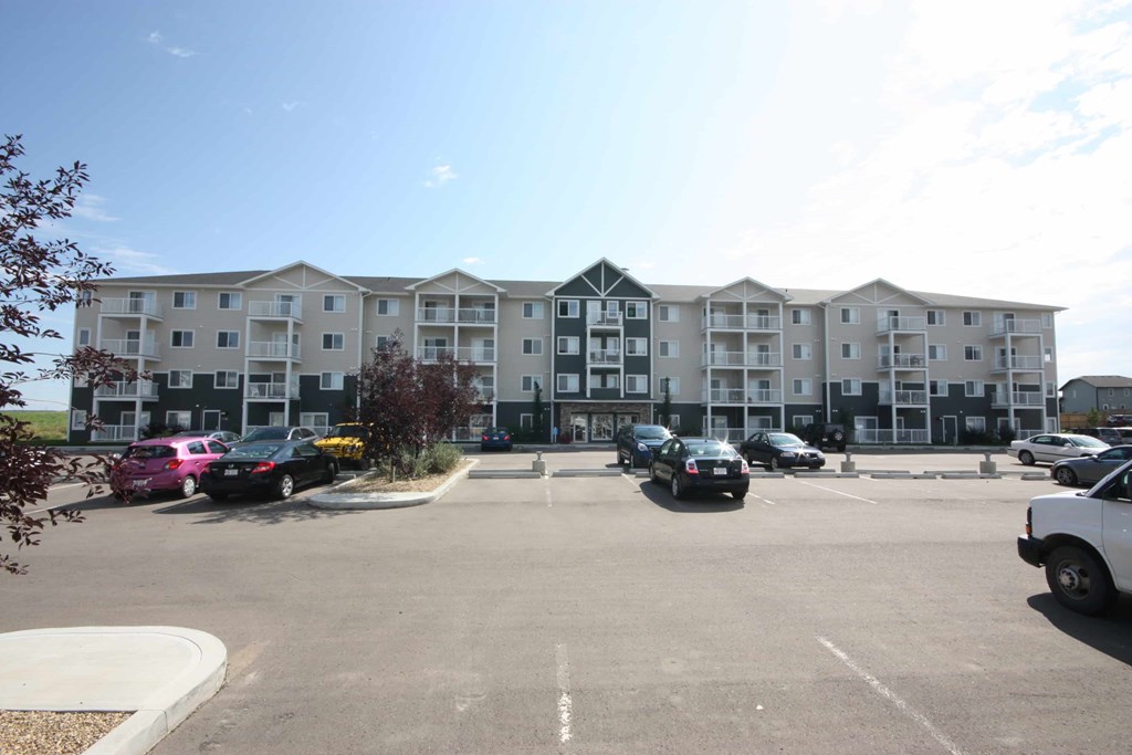 A parking lot with cars and a building in the background.
