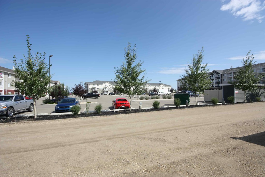 A parking lot with cars and trees in front of buildings.