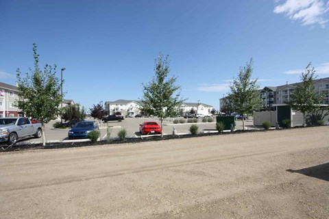 A parking lot with cars and trees in front of buildings.