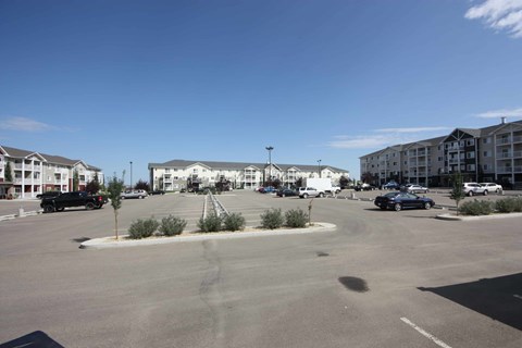 A parking lot with cars and buildings in the background.