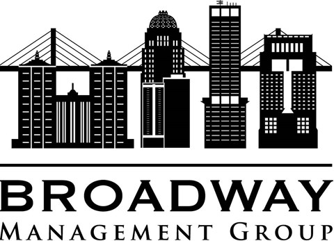 A black and white image of a city skyline with the words "Broadway Management Group" below it.
