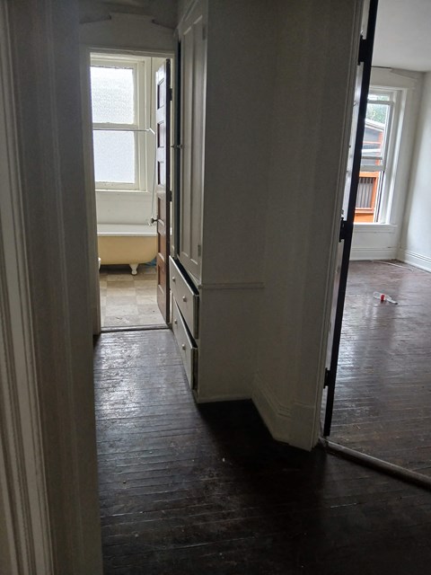 the kitchen is being remodeled and the flooring is being installed