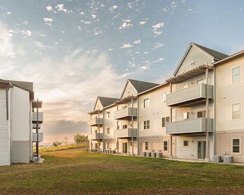 a row of houses on the side of a field