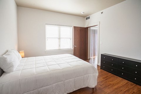 a bedroom with a bed and a dresser and a window