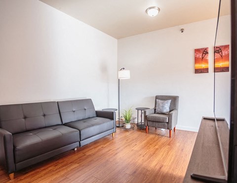 a living room with a couch and a chair