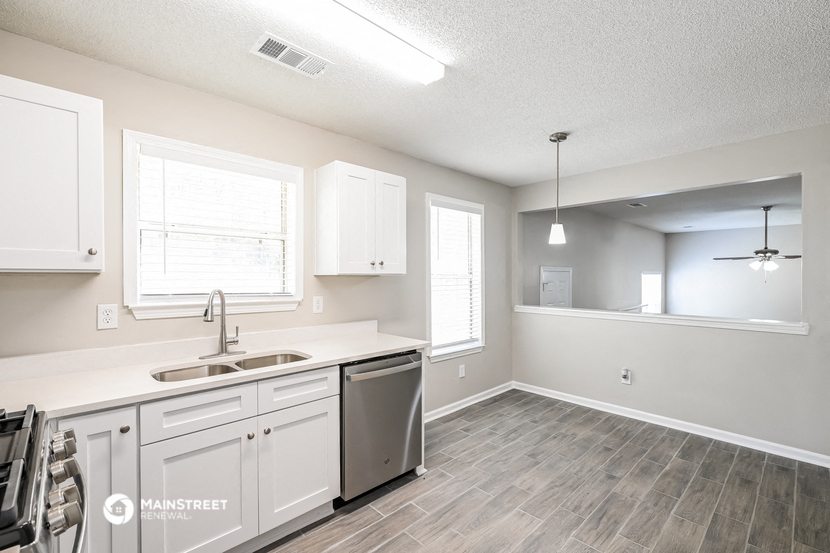 an empty kitchen with white cabinets and a stainless steel dishwasher