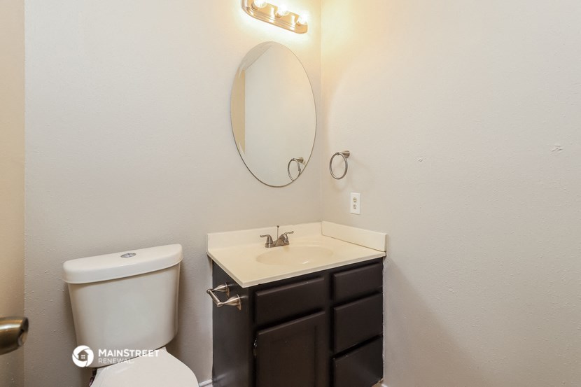 a bathroom with a sink and toilet and a mirror