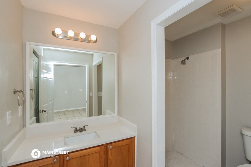 a bathroom with a sink and a mirror and a shower
