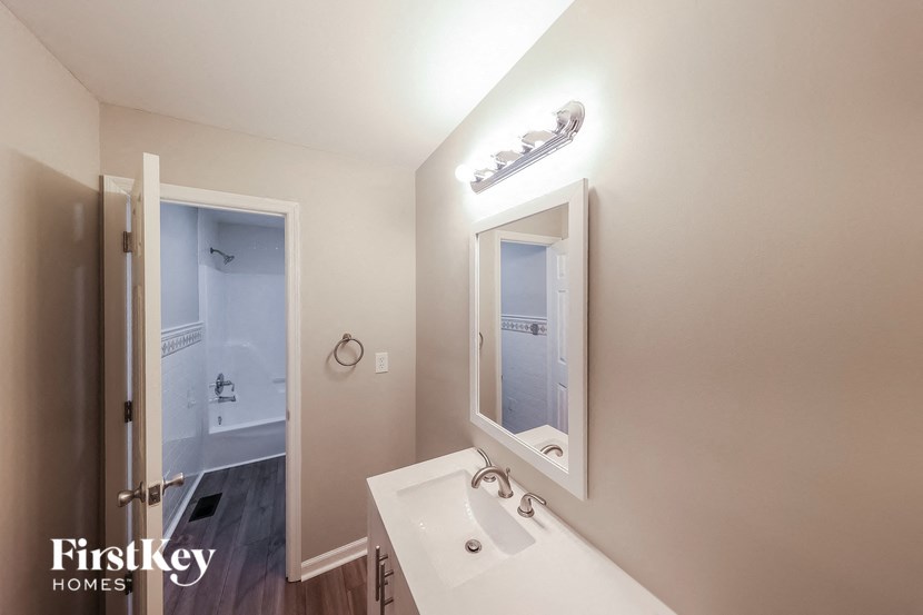 a bathroom with a sink and a mirror and a shower