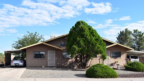 a brown house with a tree in front of it