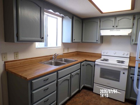 A kitchen with a stove, sink, and cabinets.