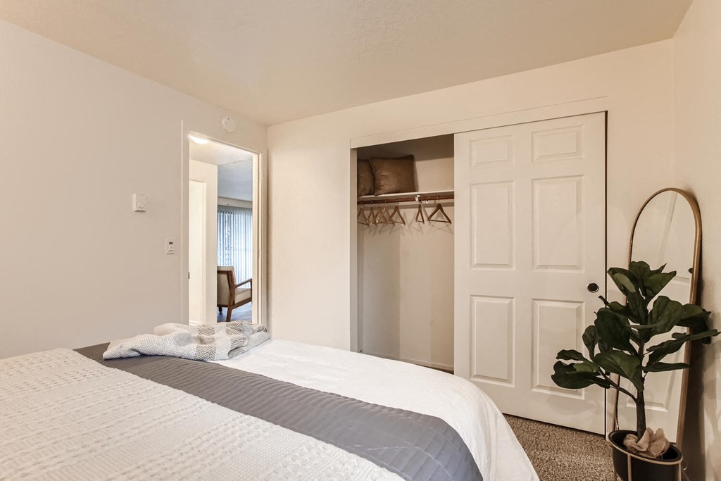 a bedroom with a large bed and a closet with a mirror