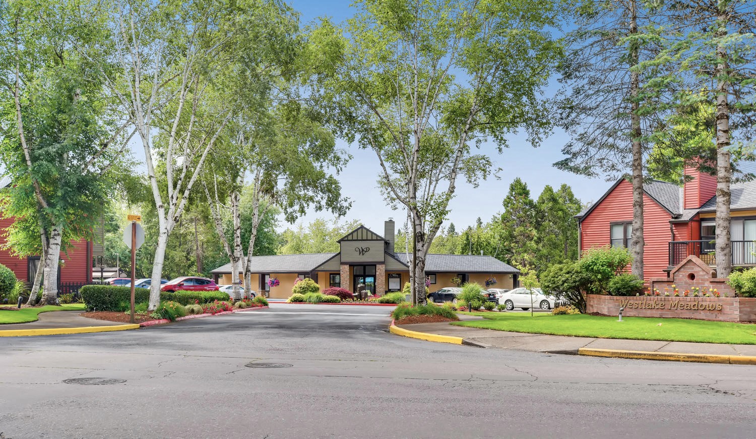 a street view of a neighborhood with houses and trees