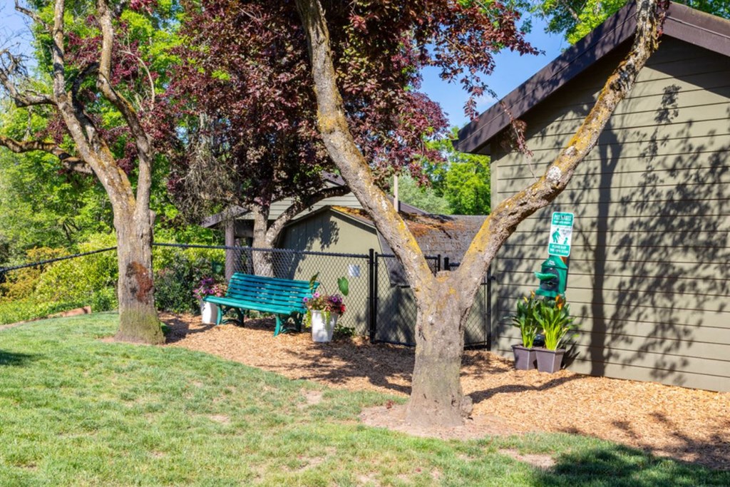 a park bench sitting under a tree in front of a house