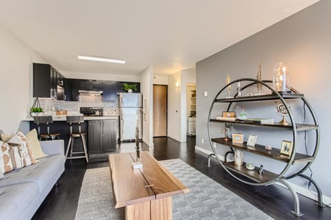 Downtown Portland OR Apartments for Rent - Linc301 - Living Room Area with Plank Flooring, Area Rug, Grey Couch, Carpet, Wooden Coffeetable, Circular-Shaped Storage Shelves, Throw Pillows, and View of Kitchen Area