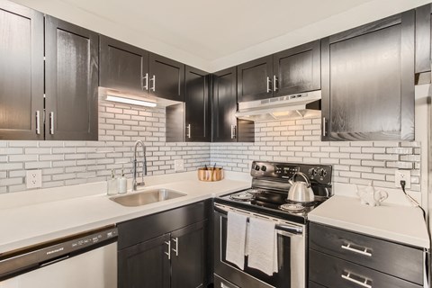 Apartments in Downtown Portland OR - Linc301 - Modern Kitchen with Dark Cabinetry, White Tile Backsplash, Stainless Steel Appliances Including an Oven, Dishwasher, and Stove, with White Countertops, Outlets, and Lighting