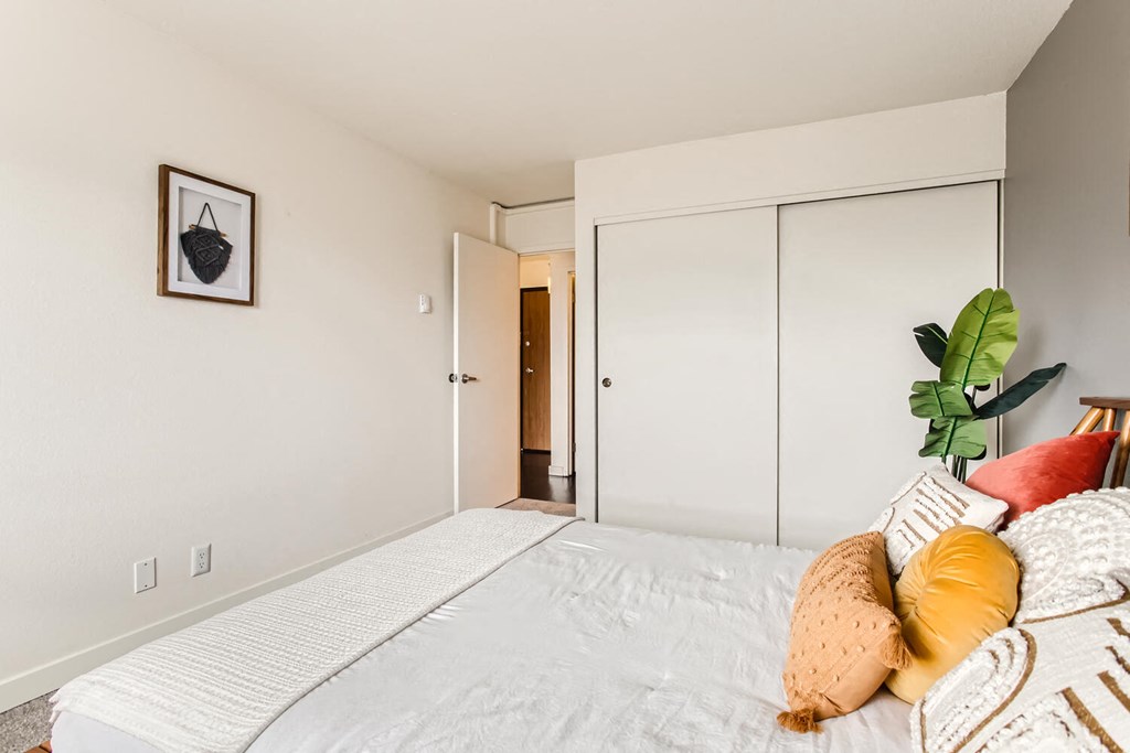 a bedroom with a large bed and a closet