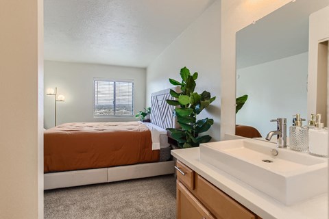 a bedroom with a bed and a sink and a mirror