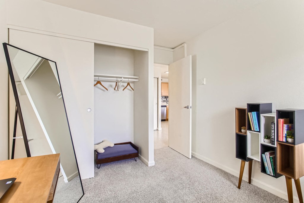 a dressing room with a mirror and a closet
