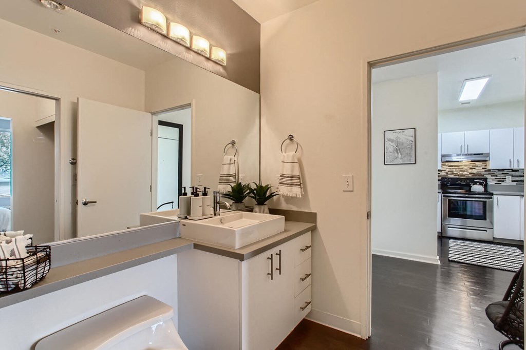 a bathroom with a sink and a mirror