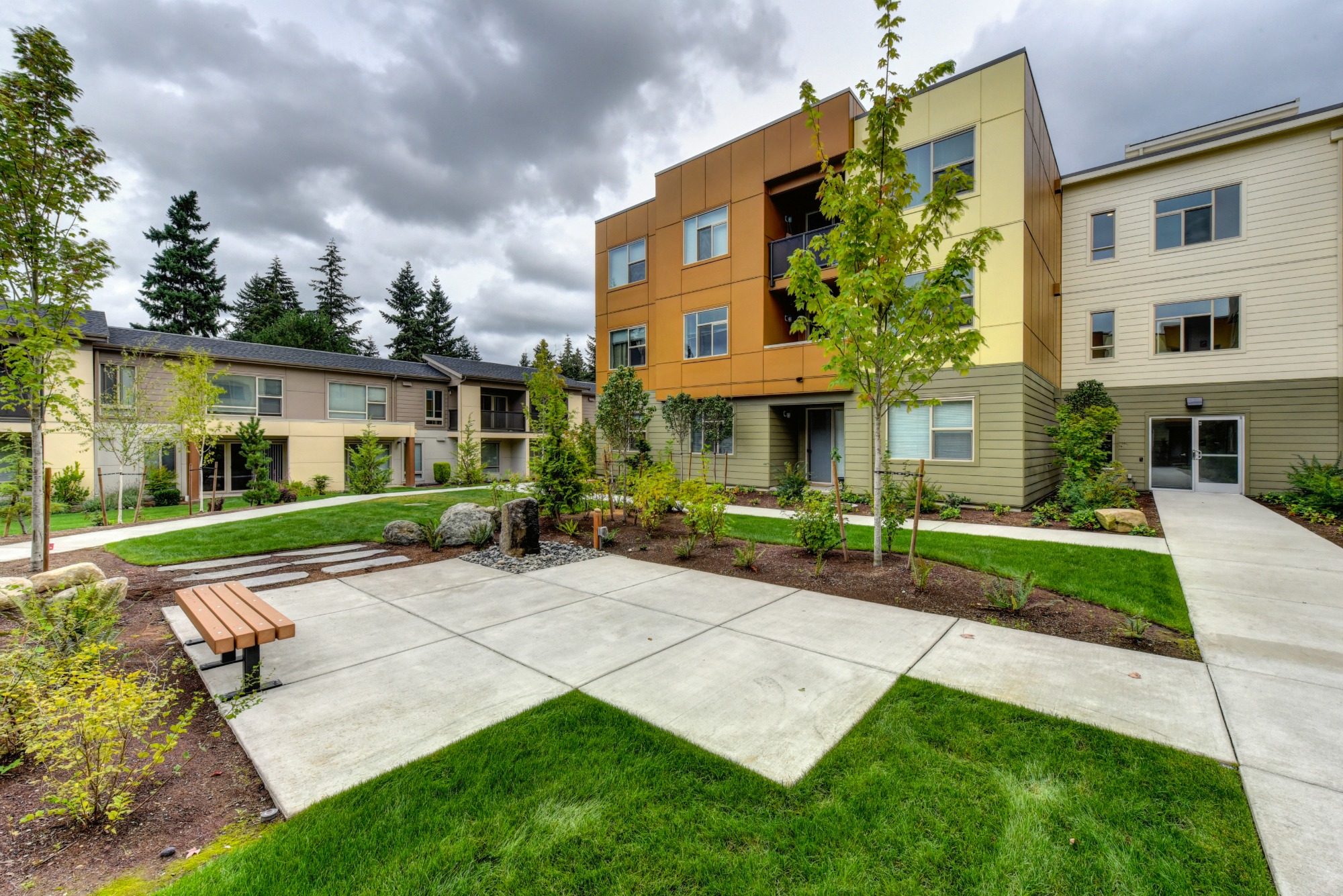 Community Open Green Spaces, with Walkways, Apartment Exterior and Bushes