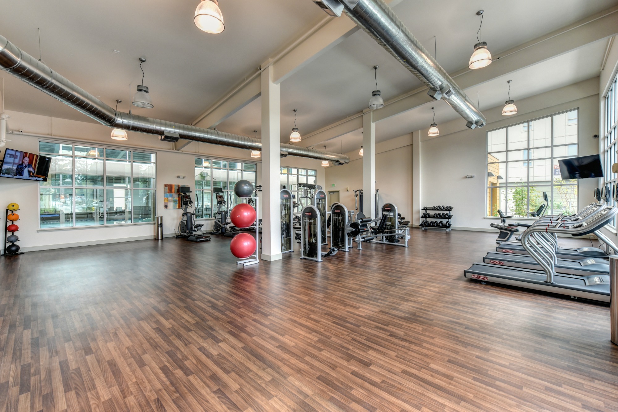 Fitness Center with  Weight Machines, Hardwood Inspired Floor, Yoga Balls, Treadmills