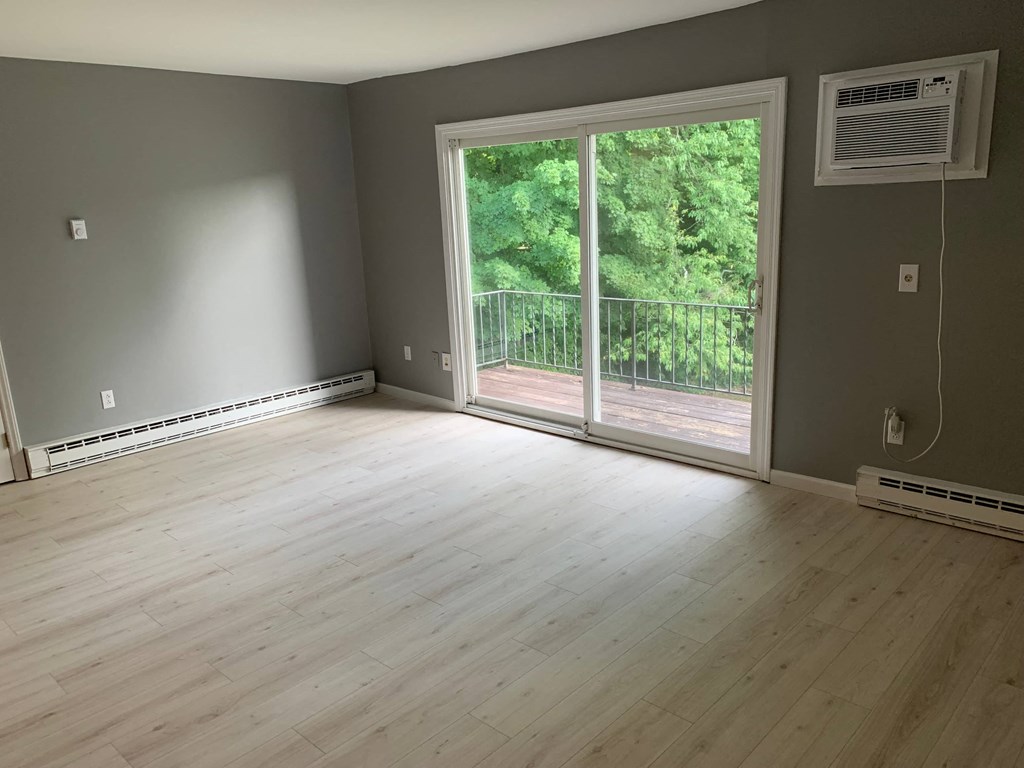 an empty living room with a wood floor and a large window